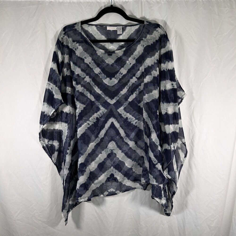 Chico's Blouse Top Women's S/M Blue Sheer Round Neck Slit Sleeve Pullover